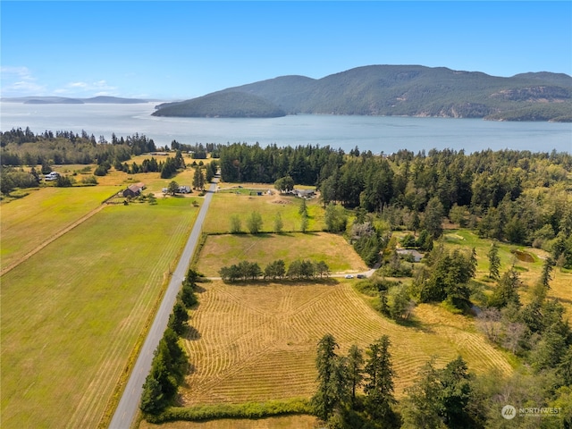 bird's eye view with a rural view and a water and mountain view