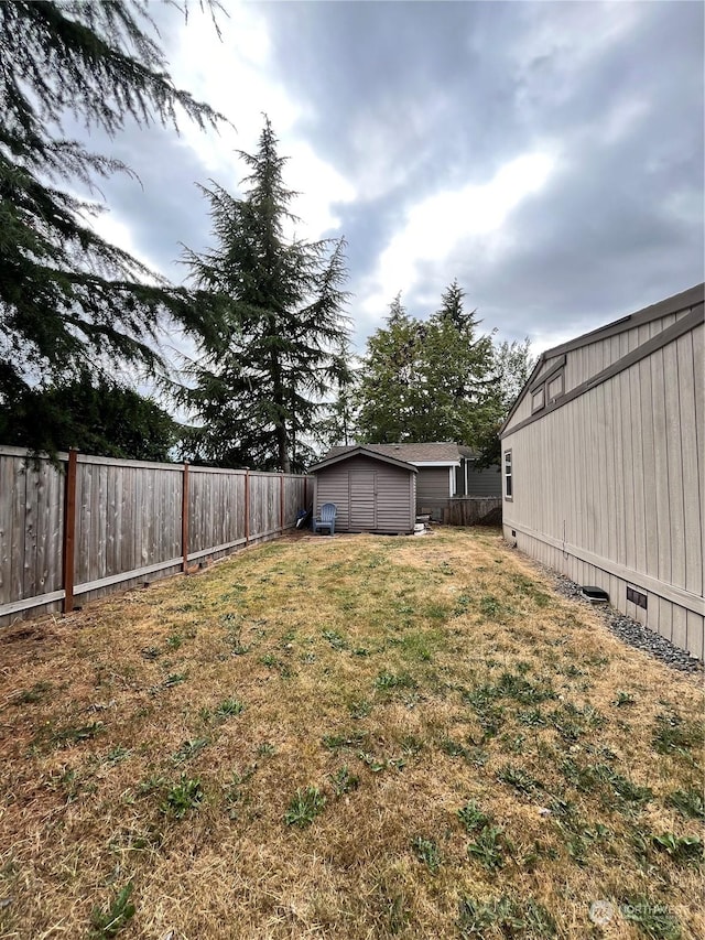 view of yard featuring a storage unit