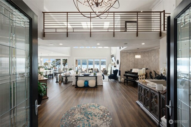 foyer entrance featuring a high ceiling and dark wood-type flooring