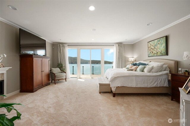 bedroom with light carpet, ornamental molding, and access to exterior