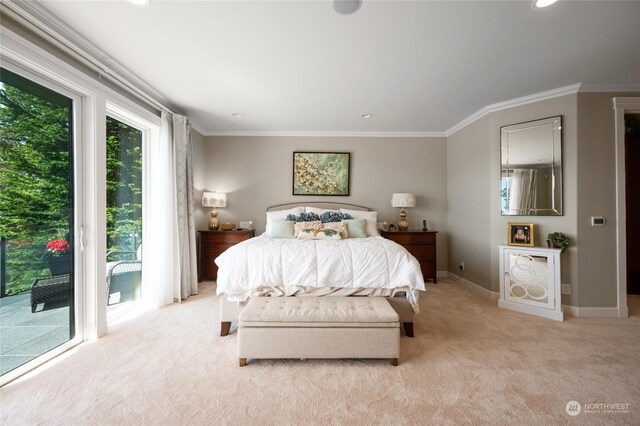 bedroom featuring ornamental molding, light carpet, and access to exterior