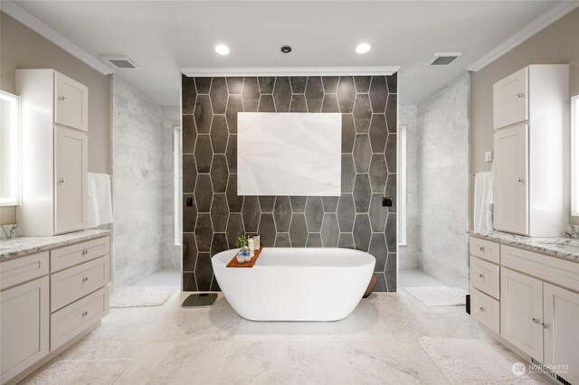 bathroom featuring independent shower and bath, vanity, tile walls, and ornamental molding