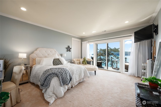 carpeted bedroom featuring access to outside and crown molding