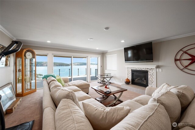 living room with a fireplace, ornamental molding, and light carpet