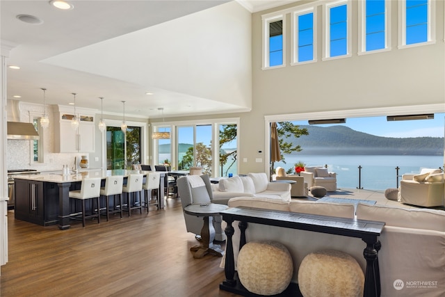 living room featuring a water and mountain view, ornamental molding, a towering ceiling, and dark hardwood / wood-style flooring