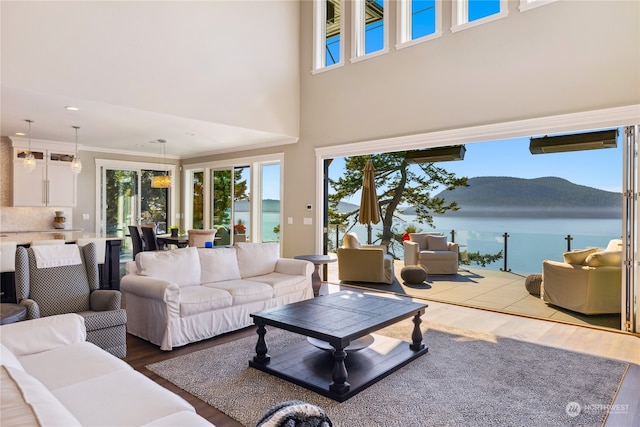 living room with plenty of natural light, a water view, and hardwood / wood-style flooring