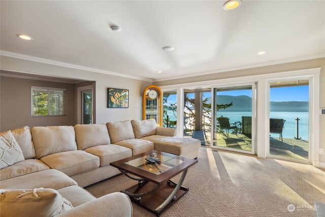 living room with crown molding, a water view, and carpet