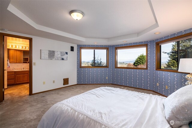 carpeted bedroom featuring connected bathroom and a tray ceiling