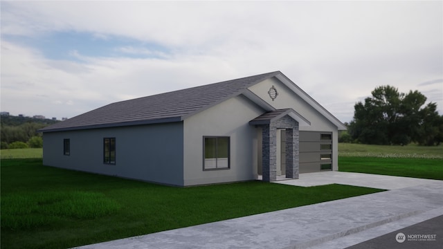 view of front of house with stone siding, an attached garage, a front lawn, and stucco siding