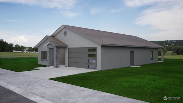 view of home's exterior featuring driveway, an attached garage, a lawn, and stucco siding