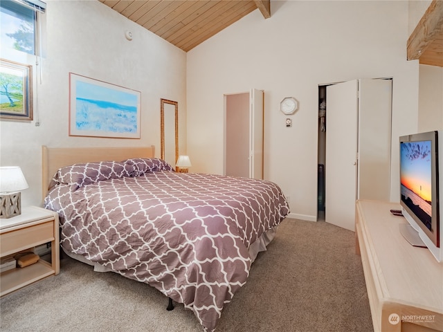 carpeted bedroom featuring high vaulted ceiling, beamed ceiling, and wood ceiling