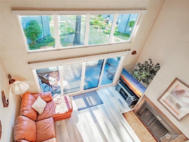 living room featuring a high ceiling and light hardwood / wood-style floors