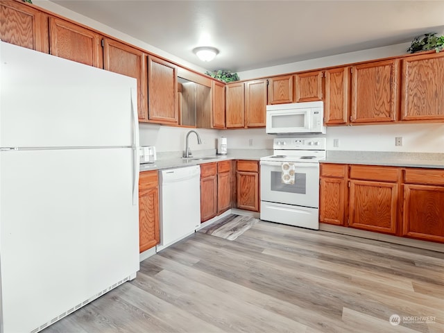 kitchen with sink, white appliances, and light hardwood / wood-style flooring