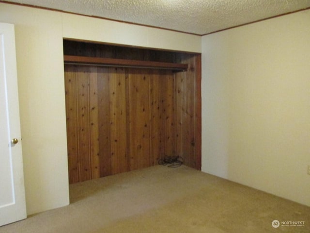 interior space featuring a textured ceiling, a closet, wood walls, and carpet floors