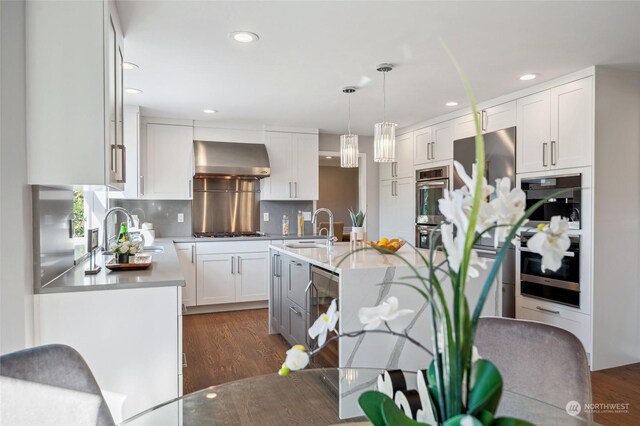 kitchen featuring white cabinets, appliances with stainless steel finishes, sink, wall chimney exhaust hood, and dark wood-type flooring