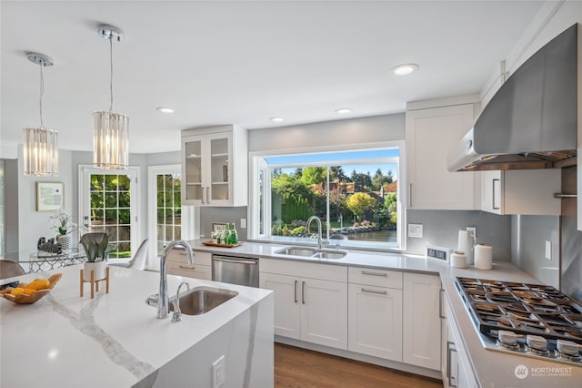 kitchen with stainless steel appliances, sink, range hood, and white cabinetry