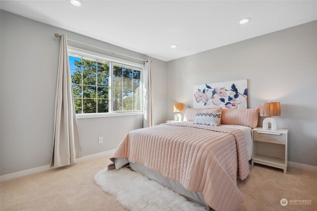 bedroom with light carpet