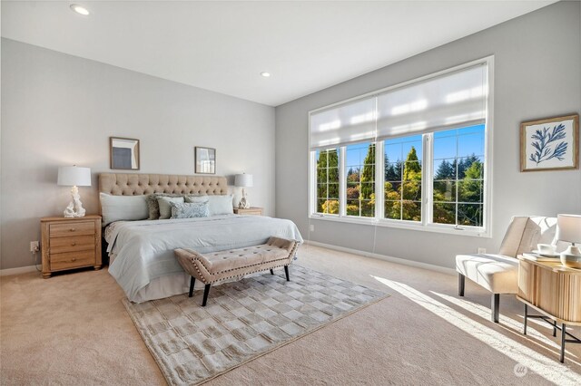 bedroom featuring light colored carpet