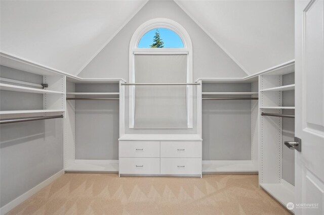 spacious closet featuring light carpet and lofted ceiling