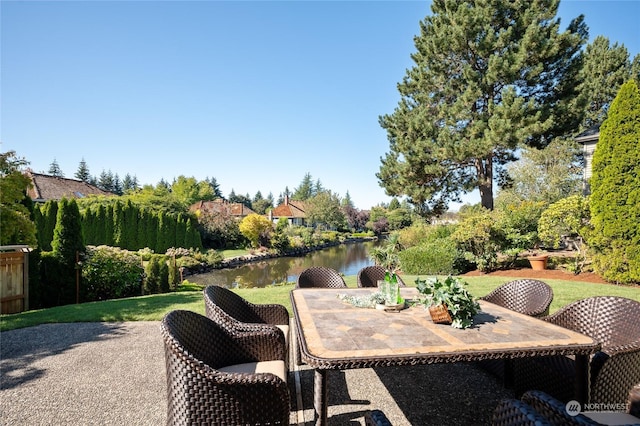 view of patio featuring a water view