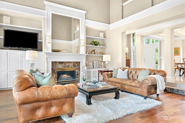 living room with a fireplace, a high ceiling, and hardwood / wood-style flooring