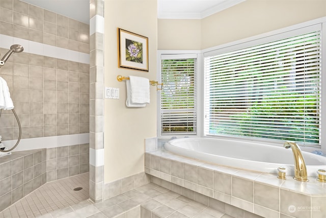 bathroom with shower with separate bathtub, tile patterned floors, and ornamental molding