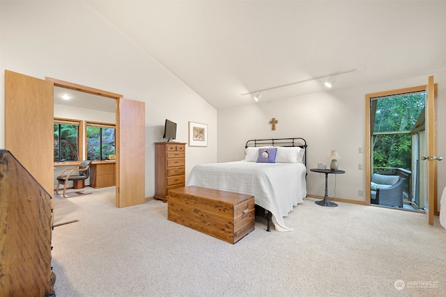 bedroom with high vaulted ceiling, multiple windows, rail lighting, and light colored carpet