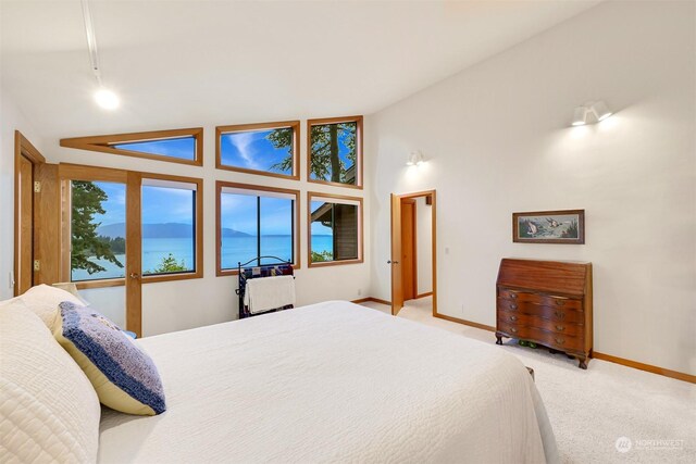 carpeted bedroom featuring lofted ceiling, a water view, and multiple windows