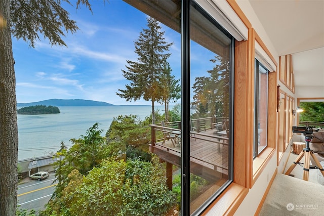 sunroom / solarium featuring a water view