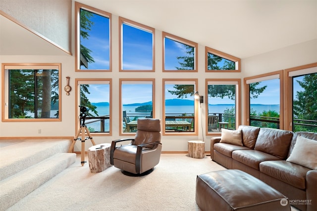 living room featuring carpet floors, a wealth of natural light, and a water view