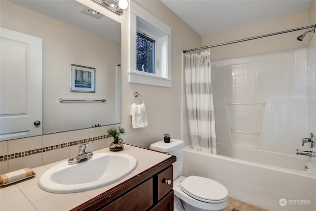 full bathroom with vanity, toilet, shower / bath combination with curtain, and tasteful backsplash