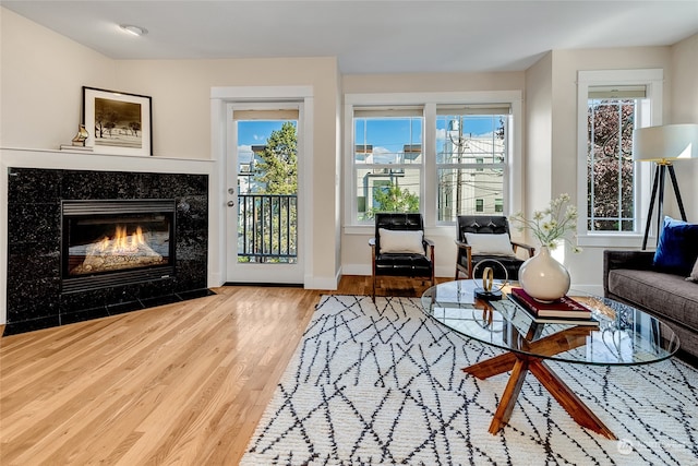 sitting room with a fireplace, a healthy amount of sunlight, and light hardwood / wood-style floors