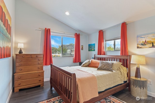 bedroom featuring vaulted ceiling, multiple windows, wood finished floors, and baseboards