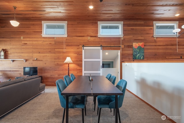 dining space featuring carpet, wood ceiling, recessed lighting, and a barn door