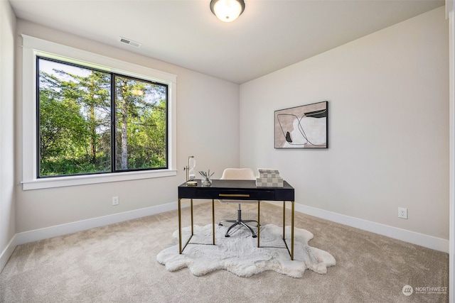 carpeted office space featuring visible vents and baseboards