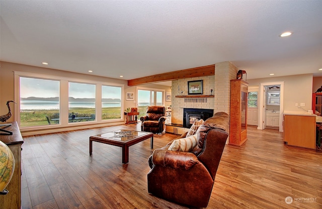 24424 Sandridge Rd, Ocean Park, WA 98640 - living room with light wood-style floors, a fireplace, and recessed lighting