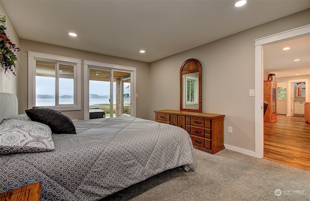 24424 Sandridge Rd, Ocean Park, WA 98640 - bedroom featuring access to exterior, recessed lighting, carpet flooring, and baseboards