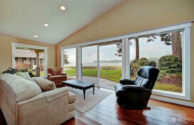 24424 Sandridge Rd, Ocean Park, WA 98640 - living room featuring lofted ceiling, recessed lighting, plenty of natural light, and dark wood-type flooring