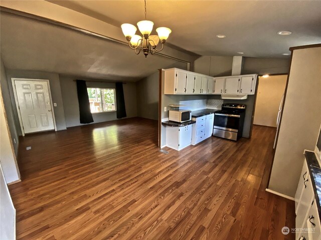 kitchen with white cabinets, lofted ceiling with beams, dark wood-style floors, open floor plan, and stainless steel electric stove