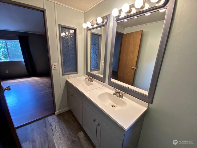 bathroom with double vanity, a sink, and wood finished floors