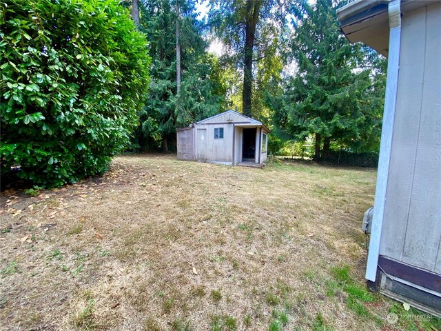 view of yard featuring an outdoor structure and a shed