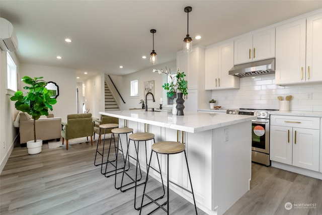 kitchen with a wealth of natural light, a kitchen island with sink, stainless steel range with electric cooktop, and light wood-type flooring