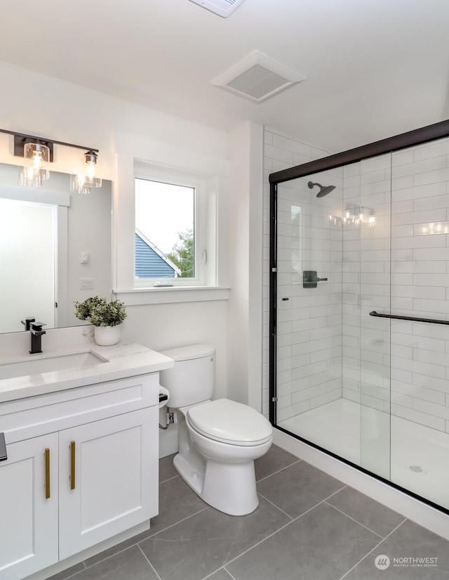 full bathroom featuring toilet, visible vents, a stall shower, and vanity