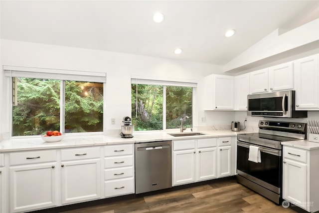 kitchen with vaulted ceiling, light stone countertops, dark hardwood / wood-style flooring, appliances with stainless steel finishes, and sink