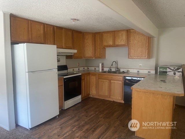 kitchen featuring sink, white appliances, a textured ceiling, and dark hardwood / wood-style flooring