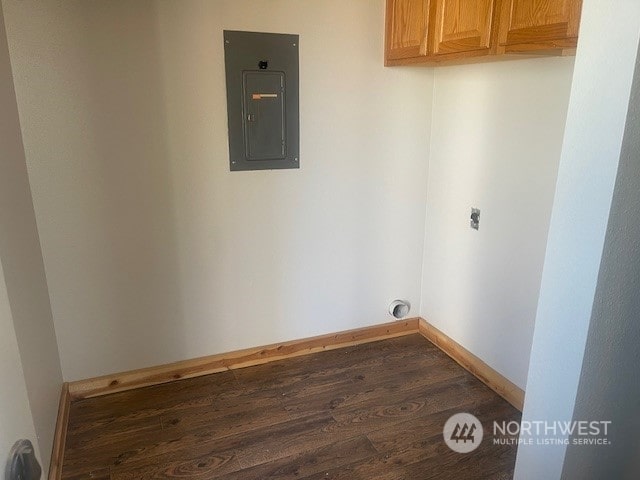 washroom featuring hardwood / wood-style floors, cabinets, and electric panel