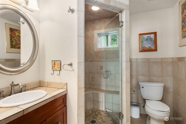 bathroom with toilet, tile walls, walk in shower, and vanity