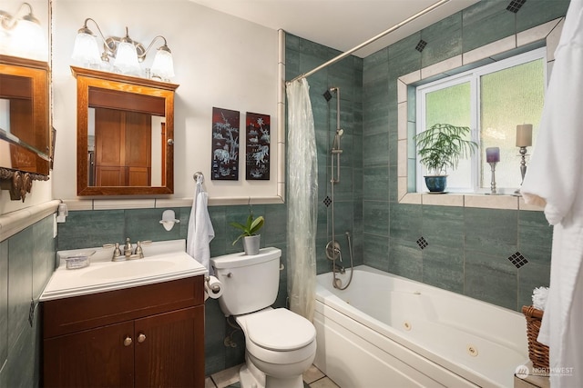 full bathroom with toilet, shower / tub combo with curtain, tile walls, and vanity