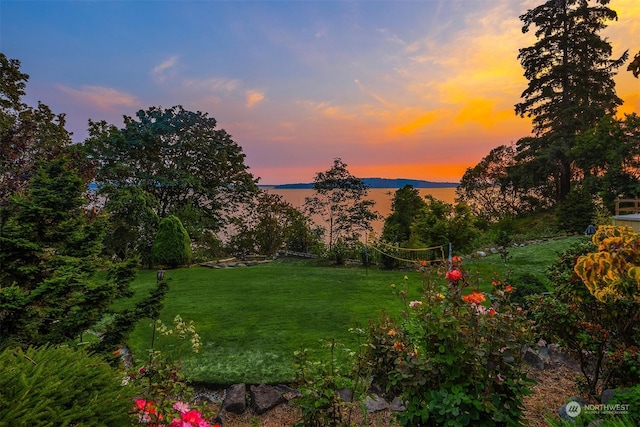 yard at dusk with a water view