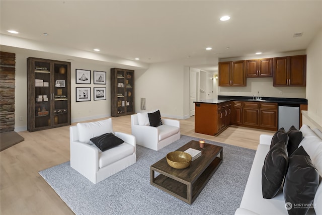 living room with light wood-type flooring and sink